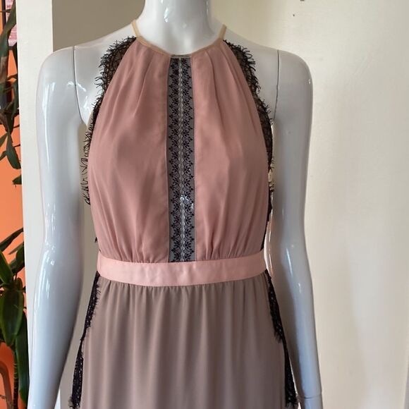 Three Floor Mauve, Pink, & Black Lace Halter Midi Dress with Skirt Pleating - Picture 3 of 11